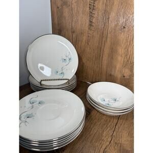 Mid Century Modern White Blue Lace Dandelion Taylor Smith & Taylor 14 Piece Set